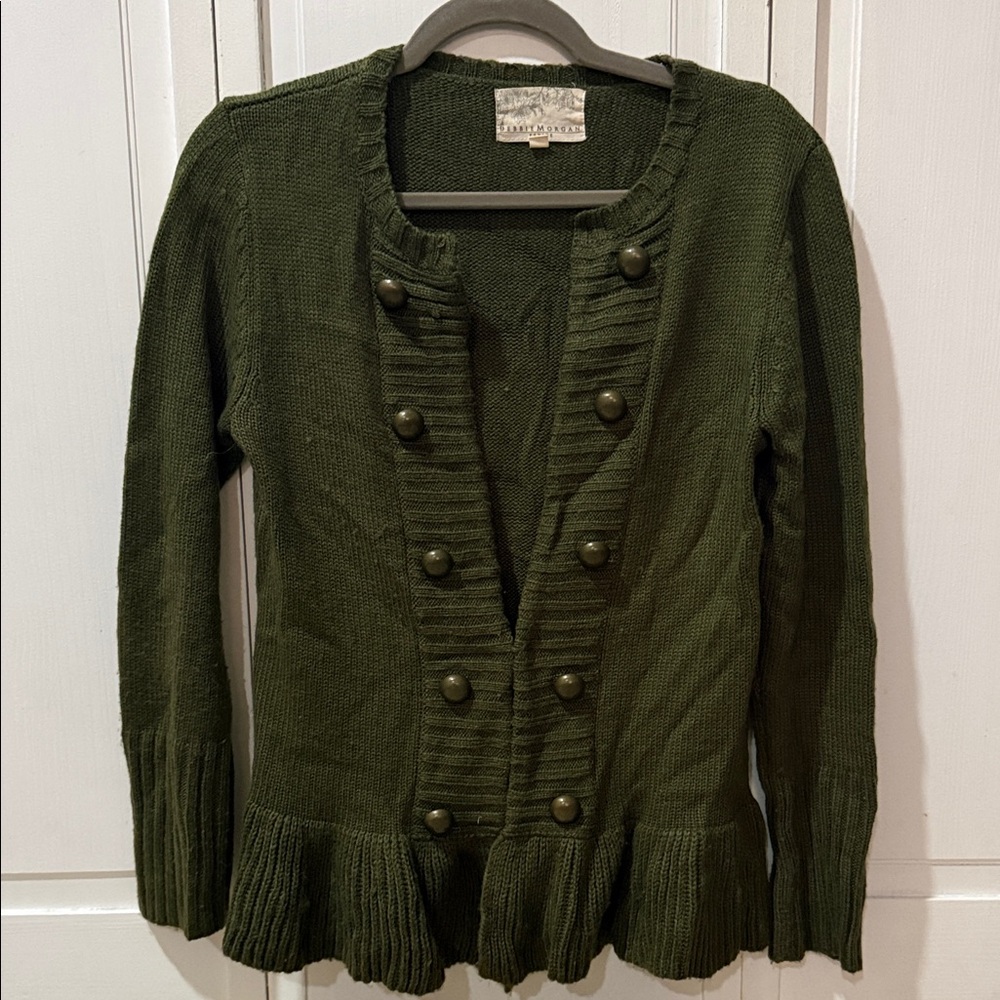 Olivia Moon Dark Olive Green Double-Breasted Peplum Cardigan